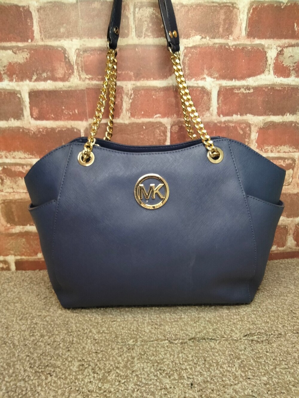 Michael Mors Jet Set Large Tote Shoulder Bag Blue Saffiano Leather Dark Navy